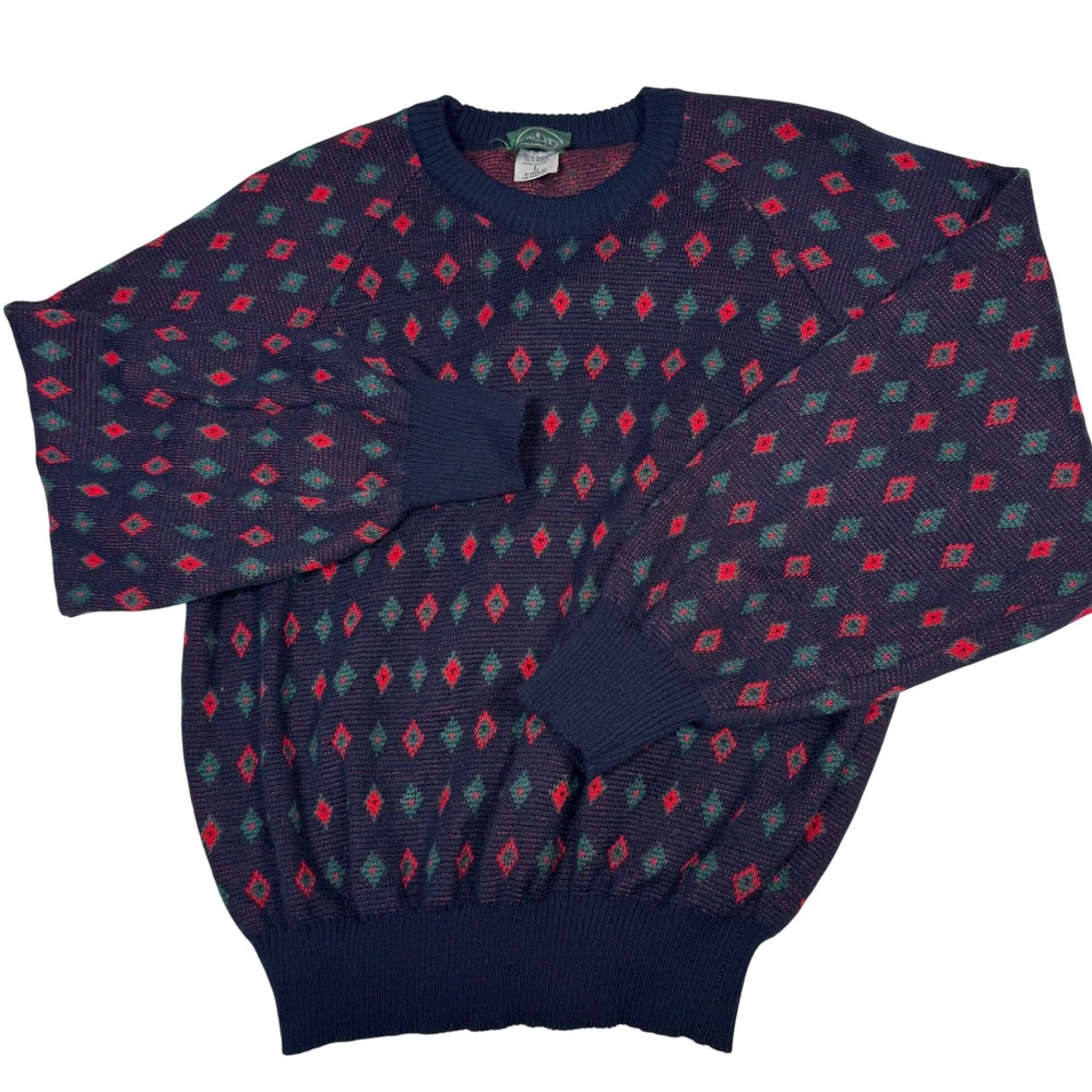 VTG IZOD Women L Navy Red Diamond Pattern Wool Knit Sweater Italy Made Geometric